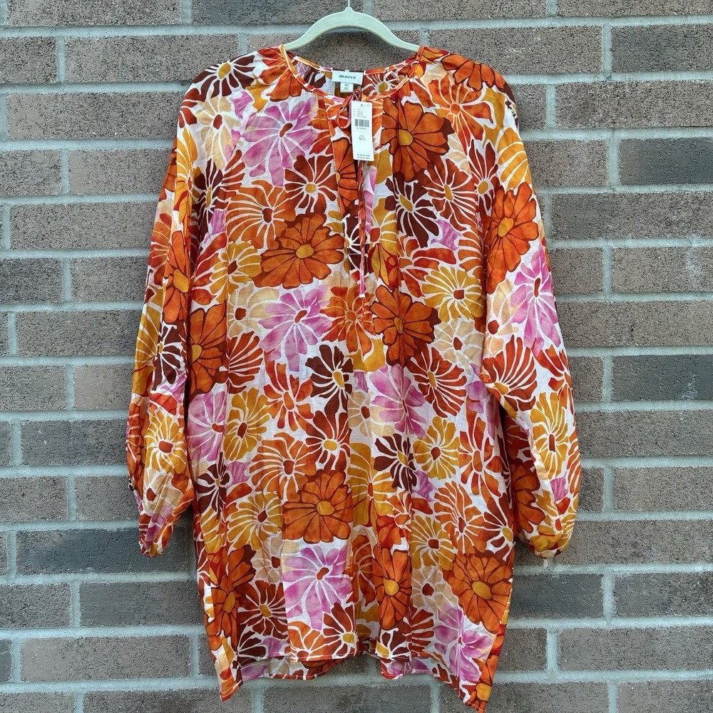 NEW Anthropologie Maeve Kaftan Mini Dress Womens M/L Orange Floral Tie-Neck Boho - Picture 5 of 9